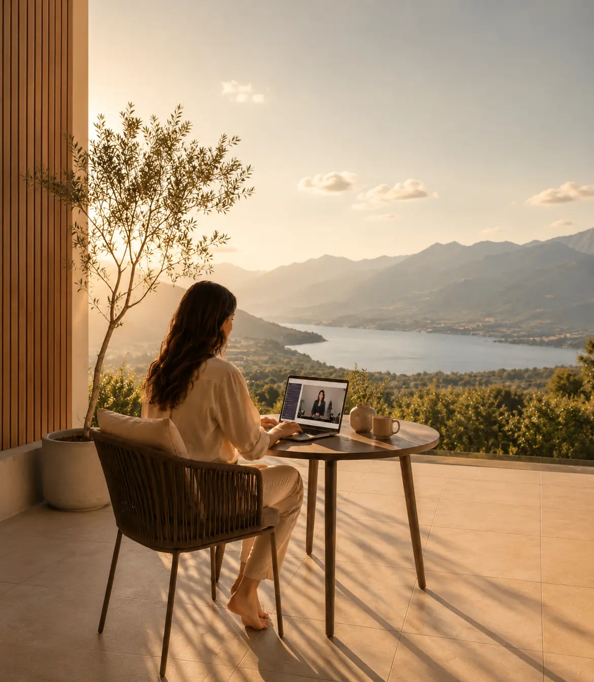 Kurse und Ausbildungen Frau lernt entspannt mit einem Online-Kurs der SAMT Akademie am Laptop, im Hintergrund Bergsee und Alpen