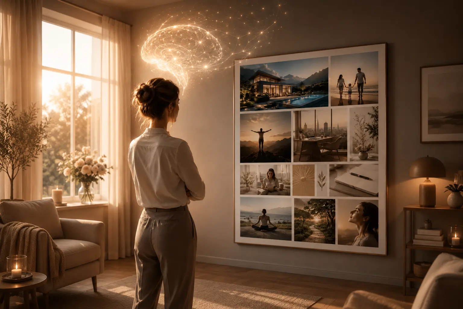 Mentaltraining: Frau vor Vision-Board mit leuchtendem Gehirn-Symbol